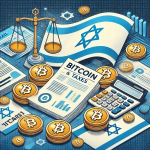 Illustration représentant Bitcoin et la fiscalité en Israël avec des symboles de justice, documents et le drapeau israélien.